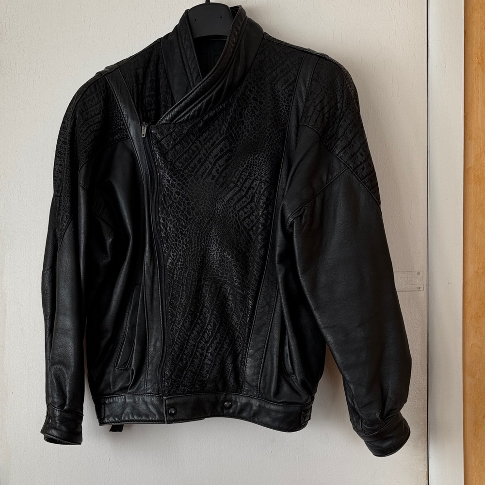 Women's Black Leather Bomber Jacket with Leather Textured Design